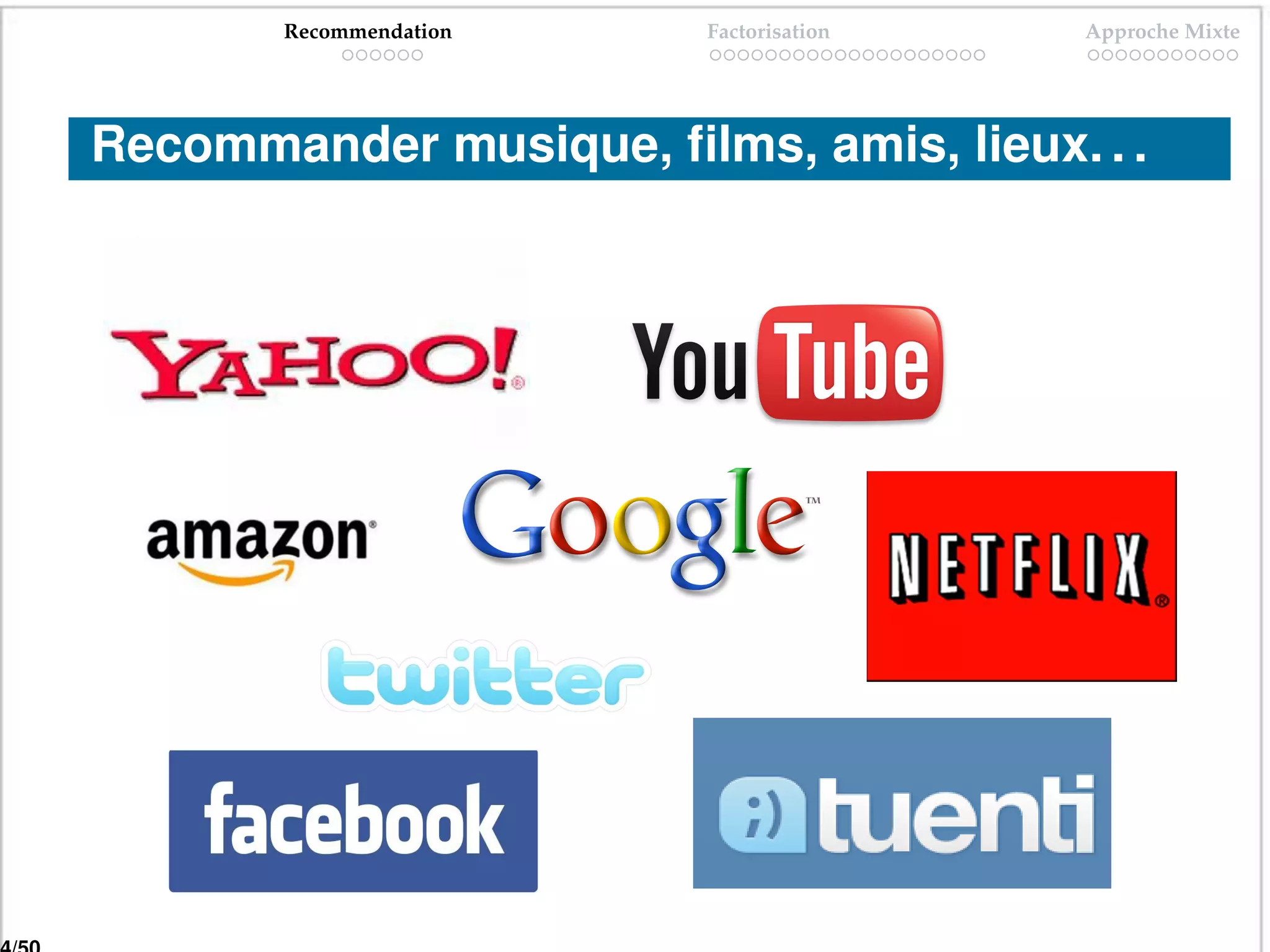 Recommendation    Factorisation   Approche Mixte




Recommander musique, ﬁlms, amis, lieux. . .
 