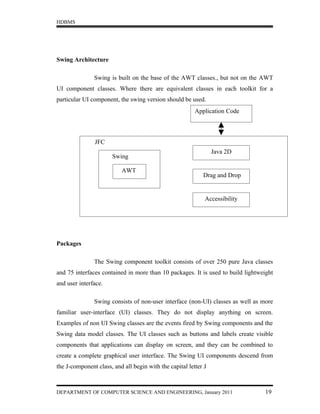 HDBMS




Swing Architecture

               Swing is built on the base of the AWT classes., but not on the AWT
UI component classes. Where there are equivalent classes in each toolkit for a
particular UI component, the swing version should be used.
                                                         Application Code



               JFC
                                                                 Java 2D
                       Swing

                          AWT
                                                            Drag and Drop


                                                             Accessibility




Packages

               The Swing component toolkit consists of over 250 pure Java classes
and 75 interfaces contained in more than 10 packages. It is used to build lightweight
and user interface.

               Swing consists of non-user interface (non-UI) classes as well as more
familiar user-interface (UI) classes. They do not display anything on screen.
Examples of non UI Swing classes are the events fired by Swing components and the
Swing data model classes. The UI classes such as buttons and labels create visible
components that applications can display on screen, and they can be combined to
create a complete graphical user interface. The Swing UI components descend from
the J-component class, and all begin with the capital letter J



DEPARTMENT OF COMPUTER SCIENCE AND ENGINEERING, January 2011                     19
 