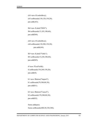 HDBMS




            cb3=new JComboBox();
            cb3.setBounds(130,120,150,20);
            pan.add(cb3);


            lb4=new JLabel("DSN");
            lb4.setBounds(15,185,100,60);
            pan.add(lb4);


            cb4=new JComboBox();
            cb4.setBounds(130,200,150,20);
                   pan.add(cb4);


            lb5=new JLabel("Table");
            lb5.setBounds(15,220,100,60);
            pan.add(lb5);


            tf=new JTextField();
            tf.setBounds(130,240,150,20);
            pan.add(tf);


            b1=new JButton("Import");
            b1.setBounds(70,300,80,30);
            pan.add(b1);


            b2=new JButton("Cancel");
            b2.setBounds(170,300,80,30);
            pan.add(b2);


            frame.add(pan);
            frame.setBounds(400,50,330,380);



DEPARTMENT OF COMPUTER SCIENCE AND ENGINEERING, January 2011   61
 