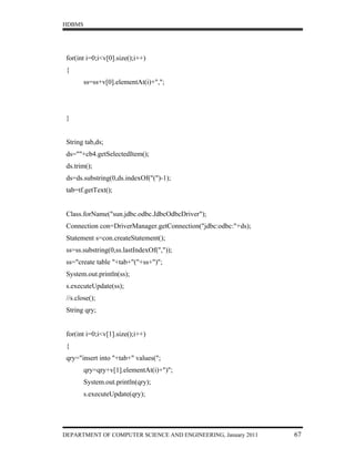 HDBMS




 for(int i=0;i<v[0].size();i++)
 {
        ss=ss+v[0].elementAt(i)+",";




 }


 String tab,ds;
 ds=""+cb4.getSelectedItem();
 ds.trim();
 ds=ds.substring(0,ds.indexOf("(")-1);
 tab=tf.getText();


 Class.forName("sun.jdbc.odbc.JdbcOdbcDriver");
 Connection con=DriverManager.getConnection("jdbc:odbc:"+ds);
 Statement s=con.createStatement();
 ss=ss.substring(0,ss.lastIndexOf(","));
 ss="create table "+tab+"("+ss+")";
 System.out.println(ss);
 s.executeUpdate(ss);
 //s.close();
 String qry;


 for(int i=0;i<v[1].size();i++)
 {
 qry="insert into "+tab+" values(";
        qry=qry+v[1].elementAt(i)+")";
        System.out.println(qry);
        s.executeUpdate(qry);




DEPARTMENT OF COMPUTER SCIENCE AND ENGINEERING, January 2011    67
 