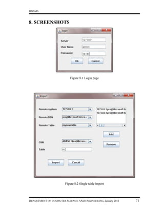 HDBMS



8. SCREENSHOTS




                           Figure 8.1 Login page




                        Figure 8.2 Single table import




DEPARTMENT OF COMPUTER SCIENCE AND ENGINEERING, January 2011   71
 