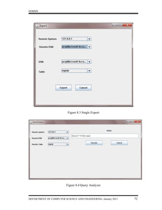 HDBMS




                          Figure 8.3 Single Export




                         Figure 8.4 Query Analyzer



DEPARTMENT OF COMPUTER SCIENCE AND ENGINEERING, January 2011   72
 
