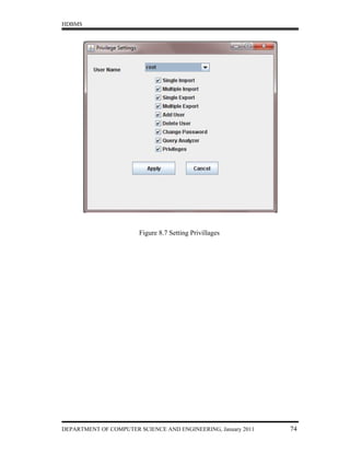 HDBMS




                        Figure 8.7 Setting Privillages




DEPARTMENT OF COMPUTER SCIENCE AND ENGINEERING, January 2011   74
 