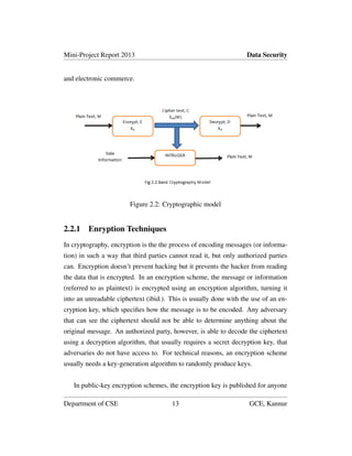 Mini-Project Report 2013 Data Security
and electronic commerce.
Figure 2.2: Cryptographic model
2.2.1 Enryption Techniques
In cryptography, encryption is the the process of encoding messages (or informa-
tion) in such a way that third parties cannot read it, but only authorized parties
can. Encryption doesn’t prevent hacking but it prevents the hacker from reading
the data that is encrypted. In an encryption scheme, the message or information
(referred to as plaintext) is encrypted using an encryption algorithm, turning it
into an unreadable ciphertext (ibid.). This is usually done with the use of an en-
cryption key, which speciﬁes how the message is to be encoded. Any adversary
that can see the ciphertext should not be able to determine anything about the
original message. An authorized party, however, is able to decode the ciphertext
using a decryption algorithm, that usually requires a secret decryption key, that
adversaries do not have access to. For technical reasons, an encryption scheme
usually needs a key-generation algorithm to randomly produce keys.
In public-key encryption schemes, the encryption key is published for anyone
Department of CSE 13 GCE, Kannur
 
