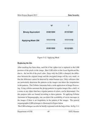 Mini-Project Report 2013 Data Security
Figure 5.12: Applying Mask
Replacing the bits
After masking has been done, each bit of the cipher text is replaced in the LSB
position of the pixels in the image. Here LSB refers to the Least Signiﬁcant Bit,
that.is,. the last bit of the pixel value. Since only the LSB is changed, the differ-
ence between the original image and the encrypted image will be very small, so
that the difference cannot be detected by naked human eyes. Only softwares that
are particularly determine the patterns in the images can detect the irregularities
in the patterns. The Cellular Automata ﬁnds a wide application in Image Process-
ing. Using cellular automata the design patterns in regular images like a shell, or
a stone or any object that has a regular pattern of colors, can be determined. For
this purpose rules are framed according to these patterns. So applying Cellular
Automata in Steganography, one can detect the availability of secret messages in
the images if there is an irregularity in the pattern of the images. The general
steganographic LSB technique is illustrated in Figure below
The LSB technique can also be brieﬂy explained with the help of bits. In Fig 3.11
Department of CSE 49 GCE, Kannur
 