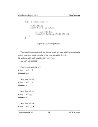 Mini-Project Report 2013 Data Security
Figure 6.4: Encoding Module
This may look complicated, but the end result is a loop which systematically
assigns b the next single bit value of the byte add, either 0, or 1.
We will start with int b = (add ¿¿ bit); only, Say:
add = 87 = 01010111
First loop through, bit = 7:
01010111 = 87 ¿¿ 7
00000000 = 0
Next time, bit = 6:
01010111 = 87 ¿¿ 6
00000001 = 1
Next time, bit = 5:
01010111 = 87¿¿¿ 5
00000010 = 2
Next time, bit = 4:
01010111 = 87 ¿¿¿ 4
Department of CSE 54 GCE, Kannur
 