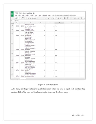 37 | BSSE 0 3 2 2
5.8 HMDA wiz NG
HMDA wiz is not a new project. At present it is in production. It was implemented with full
functionality ten years back. Then, it was implemented using Microsoft SharePoint. That was not
a wise decision because this giant project becomes hardly manageable and new feature
implementation becomes nightmare. So the executives has made a four years planned to
implement HMDA wiz new generation. The new generation plan follows:
Year Activities
2014 Remove SharePoint dependency
2015 Reshape the project using new technologies
like HTML 5, CSS3, ASP.NET WebAPI,
Angular JS
2016 Integrate functionalities of CRA wiz []
2017 Integrate functionalities of CRA wiz
Table 3: Planning for HMDA wiz NG
5.9 My work items
I have gone through a planned work schedule. First phase of my assignment was quite
interesting. It was really a noteworthy experience to introduce with a real life project. Second
phase of my assignment was a bit tough. In this phase I did some R&Ds. But at the end I was
successful to give a feedback to my supervisor. After that phase our new generation
implementation starts and I am successfully performing on the sprints so far. Table IV
summarizes my activities so far:
 