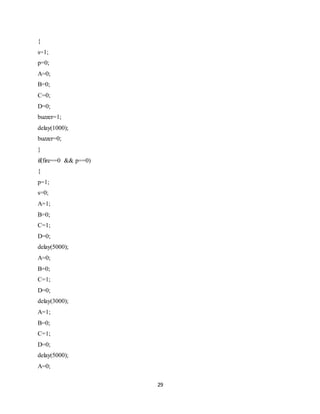 29
{
s=1;
p=0;
A=0;
B=0;
C=0;
D=0;
buzzer=1;
delay(1000);
buzzer=0;
}
if(fire==0 && p==0)
{
p=1;
s=0;
A=1;
B=0;
C=1;
D=0;
delay(5000);
A=0;
B=0;
C=1;
D=0;
delay(3000);
A=1;
B=0;
C=1;
D=0;
delay(5000);
A=0;
 