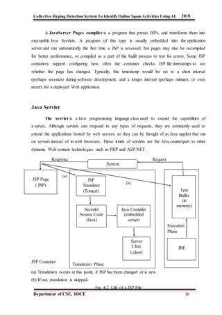Collective Hyping Detection System To Identify Online Spam Activities Using AI 2018
Department of CSE, TOCE 16
A JavaServer Pages compiler is a program that parses JSPs, and transforms them into
executable Java Servlets. A program of this type is usually embedded into the application
server and run automatically the first time a JSP is accessed, but pages may also be recompiled
for better performance, or compiled as a part of the build process to test for errors. Some JSP
containers support configuring how often the container checks JSP file timestamps to see
whether the page has changed. Typically, this timestamp would be set to a short interval
(perhaps seconds) during software development, and a longer interval (perhaps minutes, or even
never) for a deployed Web application.
Java Servlet
The servlet is a Java programming language class used to extend the capabilities of
a server. Although servlets can respond to any types of requests, they are commonly used to
extend the applications hosted by web servers, so they can be thought of as Java applets that run
on servers instead of in web browsers. These kinds of servlets are the Java counterpart to other
dynamic Web content technologies such as PHP and ASP.NET.
Response Request
(a)
JSP Container
(a) Translation occurs at this point, if JSP has been changed or is new.
(b) If not, translation is skipped.
Fig. 4.2 Life of a JSP File
JSP Page
(.JSP) (b)
Translation Phase
Execution
Phase
JSP
Translator
(Tomcat)
Servelet
Source Code
(Java)
Java Compiler
(embedded
server)
Server
Class
(.class)
Text
Buffer
(in
memory)
JRE
System
 