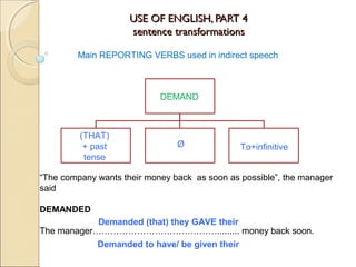 USE OF ENGLISH, PART 4USE OF ENGLISH, PART 4
sentence transformationssentence transformations
Main REPORTING VERBS used in indirect speech
DEMAND
“The company wants their money back as soon as possible”, the manager
said
DEMANDED
The manager……………………………………......... money back soon.
Demanded (that) they GAVE their
Demanded to have/ be given their
(THAT)
+ past
tense
Ø To+infinitive
 