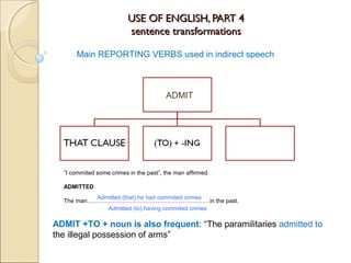 USE OF ENGLISH, PART 4USE OF ENGLISH, PART 4
sentence transformationssentence transformations
Main REPORTING VERBS used in indirect speech
ADMIT
“I commited some crimes in the past”, the man affirmed.
ADMITTED
The man………………………………………………………in the past.
Admitted (that) he had commited crimes
Admitted (to) having commited crimes
ADMIT +TO + noun is also frequent: “The paramilitaries admitted to
the illegal possession of arms”
 