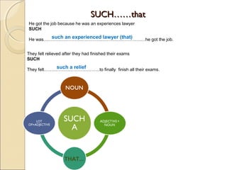 SUCH……thatSUCH……that
THAT...
He got the job because he was an experiences lawyer
SUCH
He was……………………………………………………………he got the job.
such an experienced lawyer (that)
They felt relieved after they had finished their exams
SUCH
They felt………………………………..to finally finish all their exams.
such a relief
 