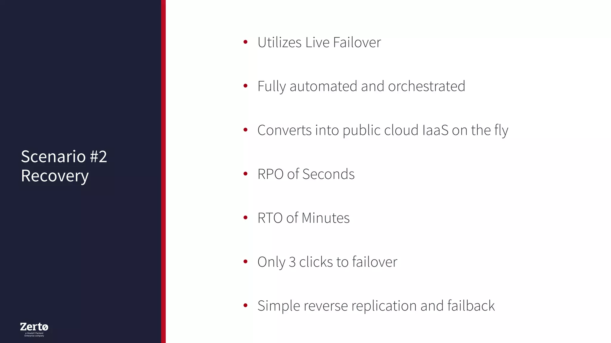 Scenario #2
Recovery
• Utilizes Live Failover
• Fully automated and orchestrated
• Converts into public cloud IaaS on the fly
• RPO of Seconds
• RTO of Minutes
• Only 3 clicks to failover
• Simple reverse replication and failback
 