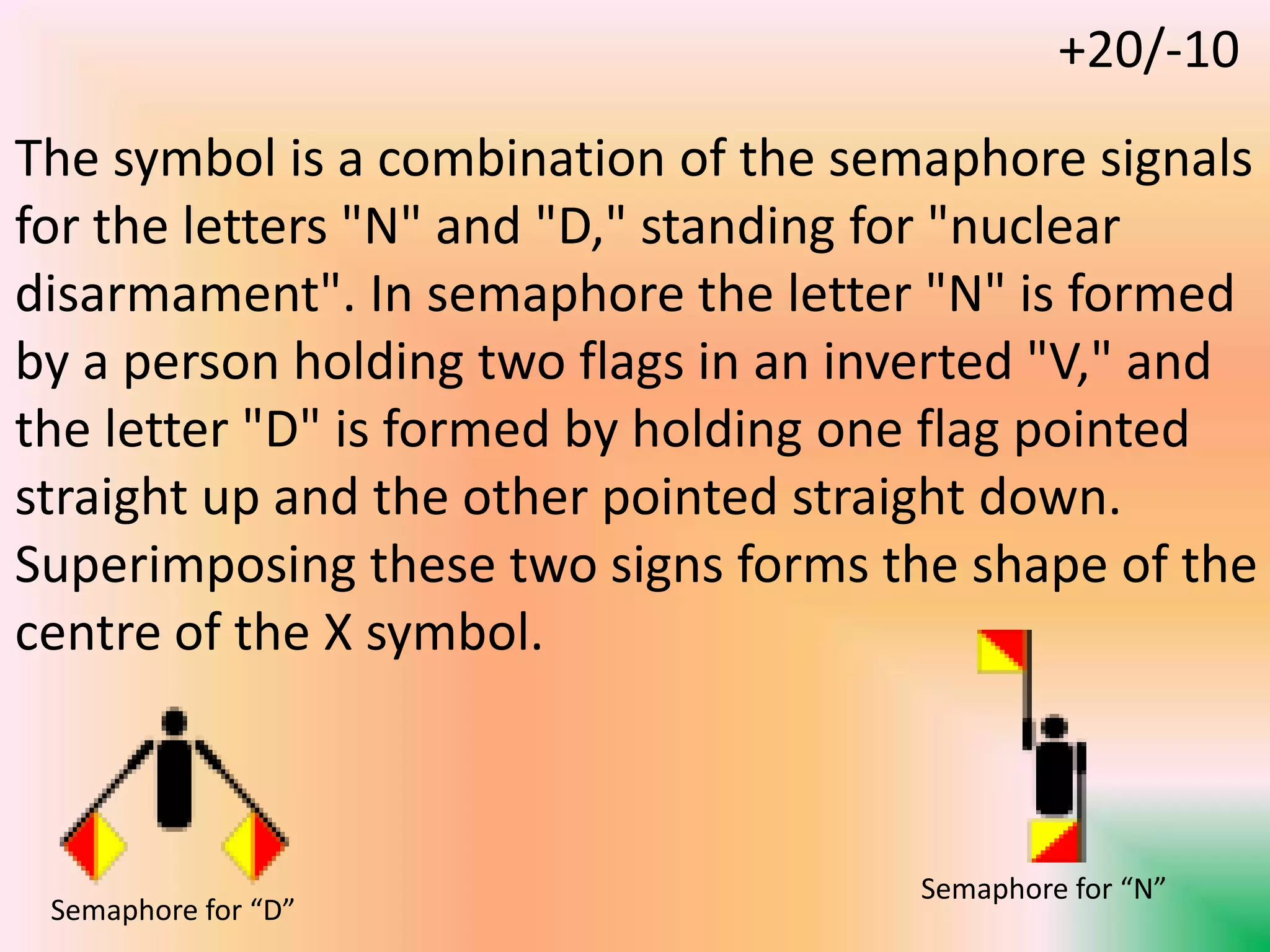 The symbol is a combination of the semaphore signals
for the letters "N" and "D," standing for "nuclear
disarmament". In semaphore the letter "N" is formed
by a person holding two flags in an inverted "V," and
the letter "D" is formed by holding one flag pointed
straight up and the other pointed straight down.
Superimposing these two signs forms the shape of the
centre of the X symbol.
Semaphore for “D”
Semaphore for “N”
+20/-10
 
