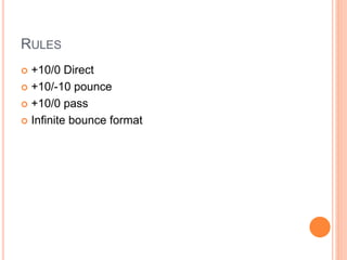 RULES
 +10/0 Direct
 +10/-10 pounce
 +10/0 pass
 Infinite bounce format
 