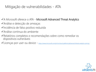 Mitigação de vulnerabilidades - ATA
A Microsoft oferece o ATA - Microsoft Advanced Threat Analytics
Análise e detecção de ameaças
Incidência de falso positivo reduzida
Análise continua do ambiente
Relatórios completos e recomendações sobre como remediar os
dispositivos vulneráveis
Licenças por user ou device - https://www.microsoft.com/pt-br/cloud-platform/advanced-threat-analytics-pricing
 