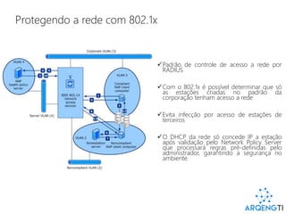 Protegendo a rede com 802.1x
Padrão de controle de acesso a rede por
RADIUS
Com o 802.1x é possível determinar que só
as estações criadas no padrão da
corporação tenham acesso a rede
Evita infecção por acesso de estações de
terceiros
O DHCP da rede só concede IP a estação
após validação pelo Network Policy Server
que processará regras pré-definidas pelo
administrador, garantindo a segurança no
ambiente.
 