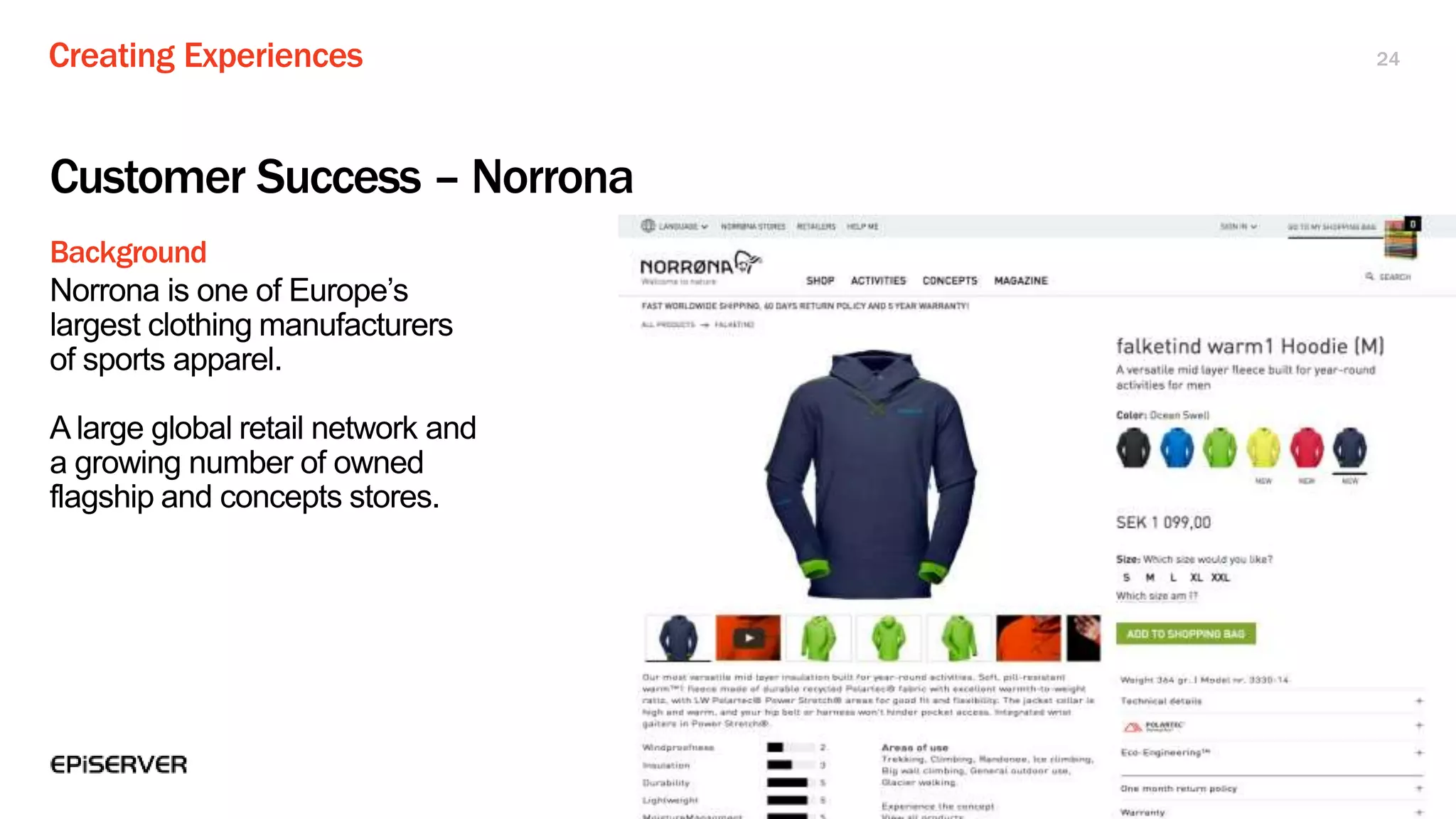 Creating Experiences
Background
24
Customer Success – Norrona
Norrona is one of Europe’s
largest clothing manufacturers
of sports apparel.
A large global retail network and
a growing number of owned
flagship and concepts stores.
 
