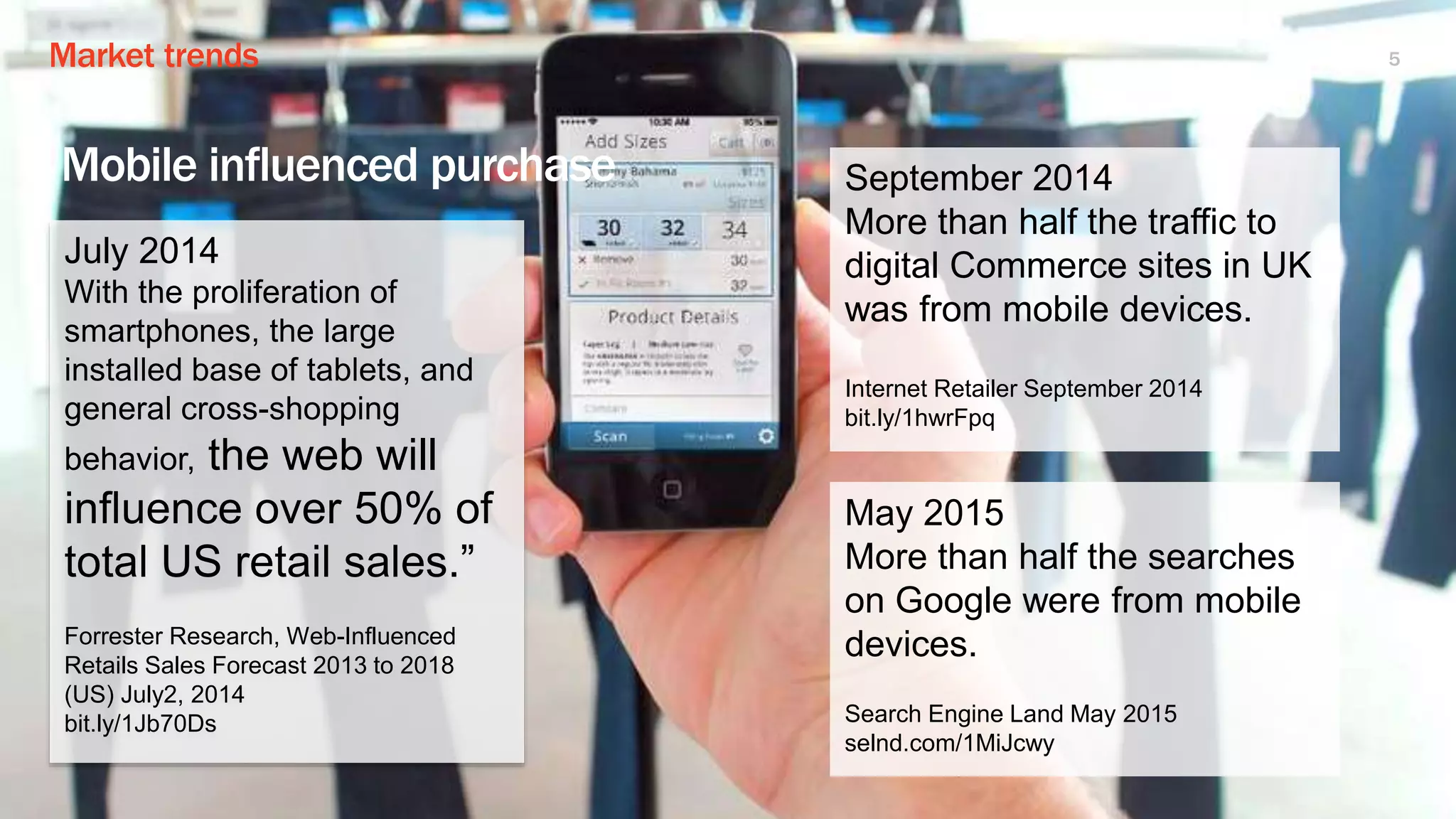 Market trends 5
Mobile influenced purchase
July 2014
With the proliferation of
smartphones, the large
installed base of tablets, and
general cross-shopping
behavior, the web will
influence over 50% of
total US retail sales.”
Forrester Research, Web-Influenced
Retails Sales Forecast 2013 to 2018
(US) July2, 2014
bit.ly/1Jb70Ds
September 2014
More than half the traffic to
digital Commerce sites in UK
was from mobile devices.
Internet Retailer September 2014
bit.ly/1hwrFpq
May 2015
More than half the searches
on Google were from mobile
devices.
Search Engine Land May 2015
selnd.com/1MiJcwy
 