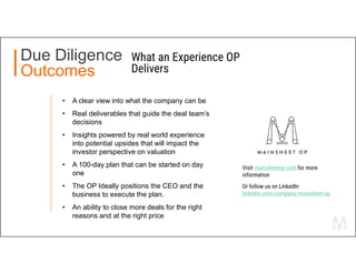 Due Diligence
Outcomes
What an Experience OP
Delivers
• A clear view into what the company can be
• Real deliverables that guide the deal team’s
decisions
• Insights powered by real world experience
into potential upsides that will impact the
investor perspective on valuation
• A 100-day plan that can be started on day
one
• The OP Ideally positions the CEO and the
business to execute the plan.
• An ability to close more deals for the right
reasons and at the right price
Visit mainsheetop.com for more
information
Or follow us on LinkedIn
linkedin.com/company/mainsheet-op
 