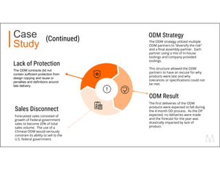 (Continued)Case
Study
Sales Disconnect
Forecasted sales consisted of
growth of Federal government
sales to become 20% of total
sales volume. The use of a
Chinese ODM would seriously
constrain its ability to sell to the
U.S. federal government.
The ODM strategy utilized multiple
ODM partners to “diversify the risk”
and a final assembly partner. Each
partner using a mix of in-house
toolings and company provided
toolings.
This structure allowed the ODM
partners to have an excuse for why
products were late and why
tolerances or specifications could not
be met.
The first deliveries of the ODM
products were expected to fall during
the 4 month DD process. As the OP
expected, no deliveries were made
and the forecast for the year was
drastically impacted by lack of
product.
The ODM contracts did not
contain sufficient protection from
design copying and reuse or
penalties and definitions around
late delivery.
Lack of Protection
ODM Strategy
ODM Result
 