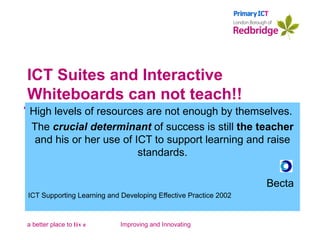ICT Suites and Interactive Whiteboards can not teach!! High levels of resources are not enough by themselves.  The  crucial determinant  of success is still  the teacher  and his or her use of ICT to support learning and raise standards. Becta  ICT Supporting Learning and Developing Effective Practice 2002 Improving and Innovating 
