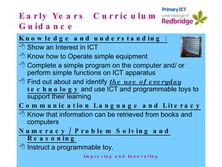 Early Years  Curriculum Guidance Knowledge and understanding : Show an Interest in ICT Know how to Operate simple equipment Complete a simple program on the computer and/ or perform simple functions on ICT apparatus Find out about and identify  the use of everyday  technology  and use ICT and programmable toys to support their learning Communication Language and Literacy Know that information can be retrieved from books and computers Numeracy / Problem Solving and Reasoning Instruct a programmable toy. Improving and Innovating 
