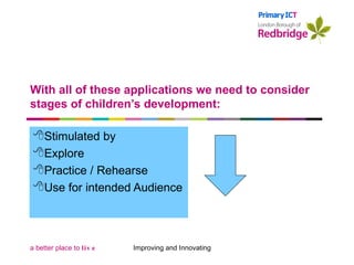 With all of these applications we need to consider stages of children’s development: Stimulated by Explore Practice / Rehearse Use for intended Audience Improving and Innovating 