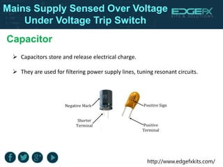 http://www.edgefxkits.com/
Capacitor
 Capacitors store and release electrical charge.
 They are used for filtering power supply lines, tuning resonant circuits.
Mains Supply Sensed Over Voltage
Under Voltage Trip Switch
 
