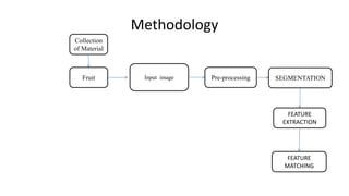 Methodology
Fruit Input image Pre-processing SEGMENTATION
FEATURE
MATCHING
FEATURE
EXTRACTION
Collection
of Material
 