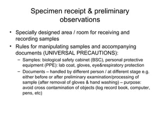 Specimen receipt & preliminary 
observations 
• Specially designed area / room for receiving and 
recording samples 
• Rules for manipulating samples and accompanying 
documents (UNIVERSAL PRECAUTIONS): 
– Samples: biological safety cabinet (BSC), personal protective 
equipment (PPE): lab coat, gloves, eye&respiratory protection 
– Documents – handled by different person / at different stage e.g. 
either before or after preliminary examination/processing of 
sample (after removal of gloves & hand washing) – purpose: 
avoid cross contamination of objects (log record book, computer, 
pens, etc) 
 