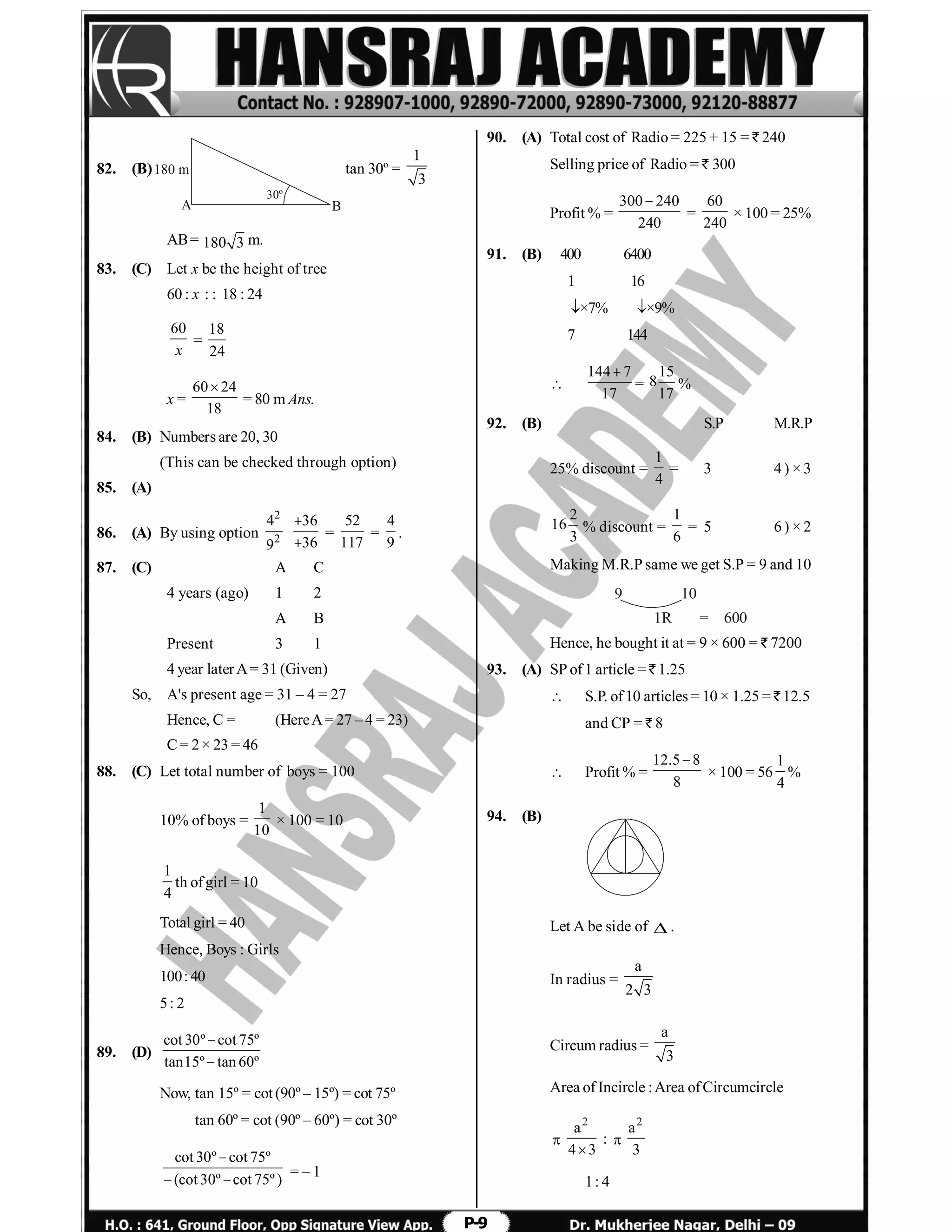 P-9
82. (B)
30º
BA
180 m tan 30º =
1
3
AB= 180 3 m.
83. (C) Let x be the height of tree
60 : x : : 18 : 24
60
x
=
18
24
x =
60 24
18

= 80 m Ans.
84. (B) Numbers are 20, 30
(This can be checked through option)
85. (A)
86. (A) By using option
2
2
4
9
36
36


=
52
117
=
4
9
.
87. (C) A C
4 years (ago) 1 2
A B
Present 3 1
4 year laterA= 31 (Given)
So, A's present age = 31 – 4 = 27
Hence, C = (HereA= 27 – 4 = 23)
C= 2× 23 = 46
88. (C) Let total number of boys = 100
10% of boys =
1
10
× 100 = 10
1
4
th ofgirl = 10
Total girl = 40
Hence, Boys : Girls
100: 40
5: 2
89. (D)
cot 30º cot 75º
tan15º tan 60º


Now, tan 15º = cot (90º – 15º) = cot 75º
tan 60º = cot (90º – 60º) = cot 30º
cot 30º cot 75º
(cot 30º cot 75º)

 
= – 1
90. (A) Total cost of Radio = 225 + 15 = ` 240
Selling price of Radio = ` 300
Profit % =
300 240
240

=
60
240
× 100 = 25%
91. (B) 400 6400
1 16
×7% ×9%
7 144

144 7
17

=
15
8
17
%
92. (B) S.P M.R.P
25% discount =
1
4
= 3 4) × 3
2
16
3
% discount =
1
6
= 5 6) × 2
Making M.R.P same we get S.P = 9 and 10
9 10
1R = 600
Hence, he bought it at = 9 × 600 = ` 7200
93. (A) SP of1 article = ` 1.25
 S.P. of10 articles = 10 × 1.25 = ` 12.5
and CP = ` 8
 Profit % =
12.5 8
8

× 100 = 56
1
4
%
94. (B)
Let A be side of  .
In radius =
a
2 3
Circum radius =
a
3
Area of Incircle :Area ofCircumcircle

2
a
4 3
: 
2
a
3
1: 4
 