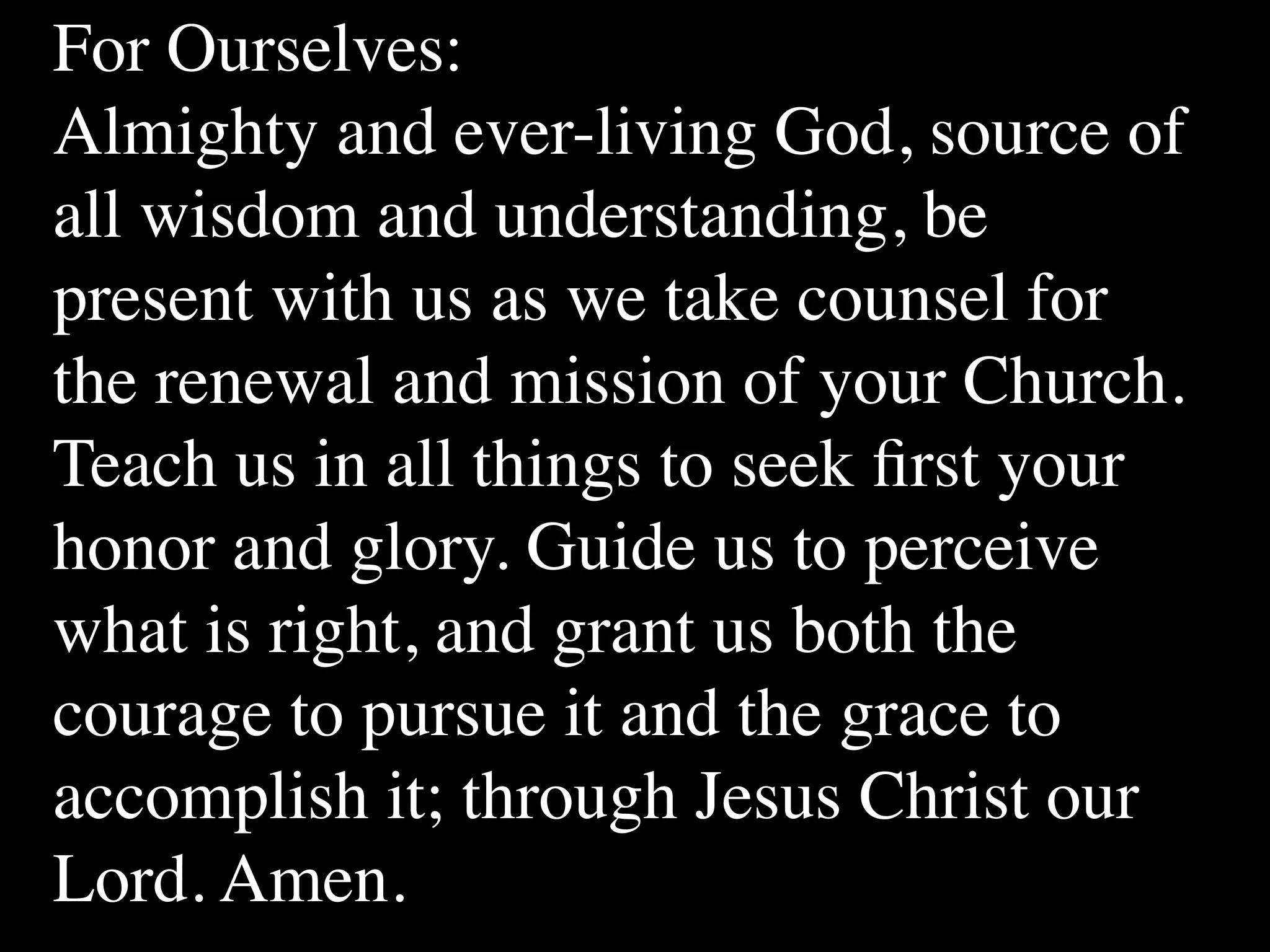 For Ourselves:
Almighty and ever-living God, source of
all wisdom and understanding, be
present with us as we take counsel for
the renewal and mission of your Church.
Teach us in all things to seek ﬁrst your
honor and glory. Guide us to perceive
what is right, and grant us both the
courage to pursue it and the grace to
accomplish it; through Jesus Christ our
Lord. Amen.
 