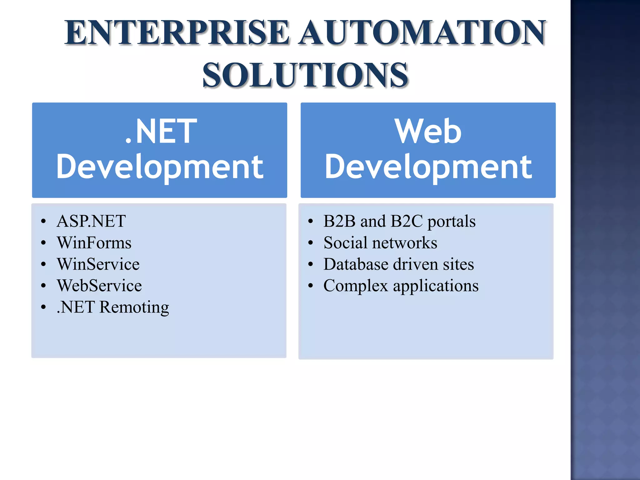 .NET Development 
•ASP.NET 
•WinForms 
•WinService 
•WebService 
•.NET Remoting 
Web Development 
•B2B and B2C portals 
•Social networks 
•Database driven sites 
•Complex applications  