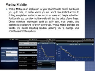 Wellez Mobile 
WellEz Mobile is an application for your phone/mobile device that keeps you up to date, no matter where you are. You’ll have instant access to drilling, completion, and workover reports as soon and they’re submitted. Additionally, you can view multiple wells with just the swipe of your finger. Check summary information such as daily cost, mud weight, and operations breakdowns for every active well. WellEz Mobile provides the world’s first mobile reporting solution, allowing you to manage your operations almost anywhere.  