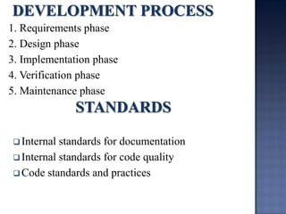 1. Requirements phase 
2. Design phase 
3. Implementation phase 
4. Verification phase 
5. Maintenance phase 
Internal standards for documentation 
Internal standards for code quality 
Code standards and practices  