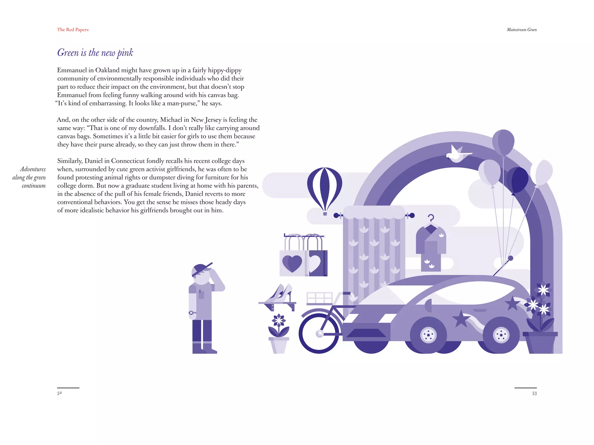 The Red Papers:                                                                 Mainstream Green




                  Green is the new pink
                   Emmanuel in Oakland might have grown up in a fairly hippy-dippy
                   community of environmentally responsible individuals who did their
                   part to reduce their impact on the environment, but that doesn’t stop
                   Emmanuel from feeling funny walking around with his canvas bag.
                  “It’s kind of embarrassing. It looks like a man-purse,” he says.

                  And, on the other side of the country, Michael in New Jersey is feeling the
                  same way: “That is one of my downfalls. I don’t really like carrying around
                  canvas bags. Sometimes it’s a little bit easier for girls to use them because
                  they have their purse already, so they can just throw them in there.”

                  Similarly, Daniel in Connecticut fondly recalls his recent college days
   Adventures     when, surrounded by cute green activist girlfriends, he was often to be
along the green   found protesting animal rights or dumpster diving for furniture for his
    continuum     college dorm. But now a graduate student living at home with his parents,
                  in the absence of the pull of his female friends, Daniel reverts to more
                  conventional behaviors. You get the sense he misses those heady days
                  of more idealistic behavior his girlfriends brought out in him.




                  52                                                                                           53
 