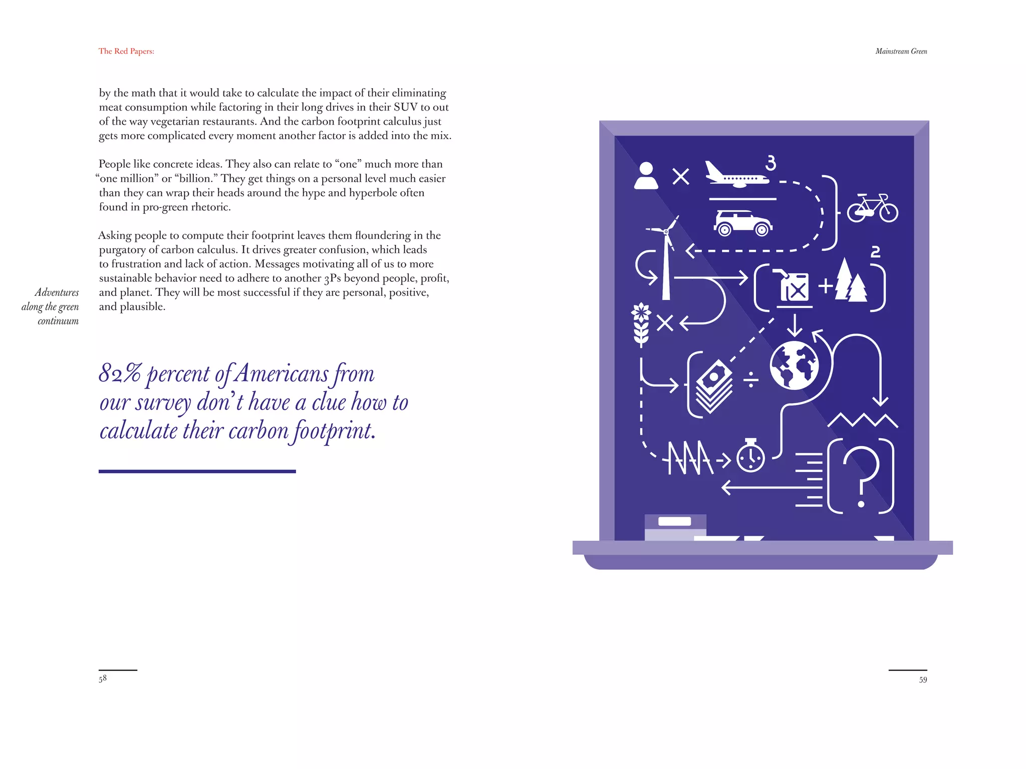 The Red Papers:                                                               Mainstream Green




                  by the math that it would take to calculate the impact of their eliminating
                  meat consumption while factoring in their long drives in their SUV to out
                  of the way vegetarian restaurants. And the carbon footprint calculus just
                  gets more complicated every moment another factor is added into the mix.

                   People like concrete ideas. They also can relate to “one” much more than
                  “one million” or “billion.” They get things on a personal level much easier
                   than they can wrap their heads around the hype and hyperbole often
                   found in pro-green rhetoric.

                  Asking people to compute their footprint leaves them ﬂoundering in the
                  purgatory of carbon calculus. It drives greater confusion, which leads
                  to frustration and lack of action. Messages motivating all of us to more
                  sustainable behavior need to adhere to another 3Ps beyond people, proﬁt,
   Adventures     and planet. They will be most successful if they are personal, positive,
along the green   and plausible.
    continuum




                  82% percent of Americans from
                  our survey don’t have a clue how to
                  calculate their carbon footprint.




                  58                                                                                         59
 