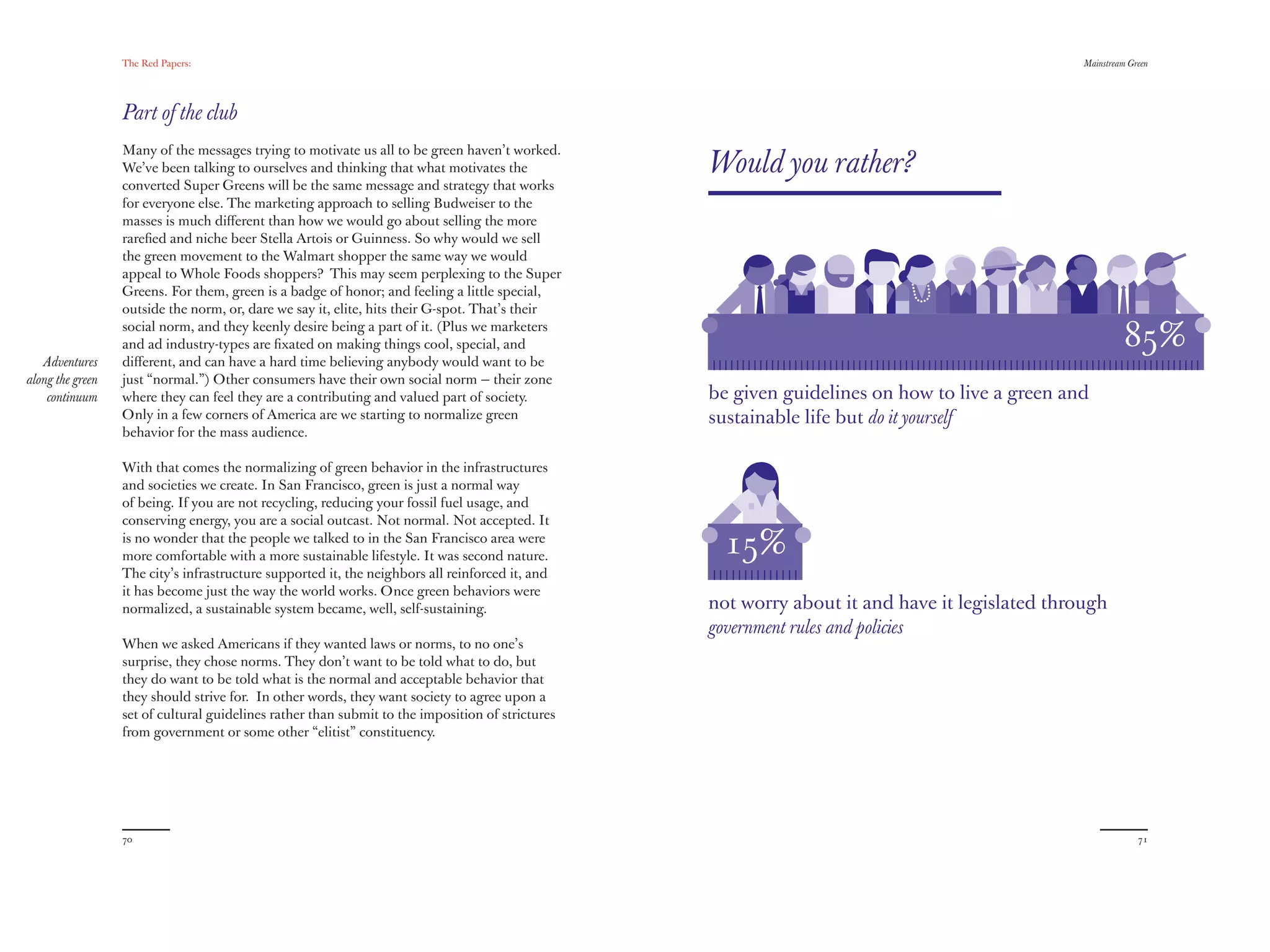 The Red Papers:                                                                                                               Mainstream Green




                  Part of the club
                  Many of the messages trying to motivate us all to be green haven’t worked.
                  We’ve been talking to ourselves and thinking that what motivates the            Would you rather?
                  converted Super Greens will be the same message and strategy that works
                  for everyone else. The marketing approach to selling Budweiser to the
                  masses is much diﬀerent than how we would go about selling the more
                  rareﬁed and niche beer Stella Artois or Guinness. So why would we sell
                  the green movement to the Walmart shopper the same way we would
                  appeal to Whole Foods shoppers? This may seem perplexing to the Super
                  Greens. For them, green is a badge of honor; and feeling a little special,
                  outside the norm, or, dare we say it, elite, hits their G-spot. That’s their
                  social norm, and they keenly desire being a part of it. (Plus we marketers
                  and ad industry-types are ﬁxated on making things cool, special, and                                                                    85%
   Adventures     diﬀerent, and can have a hard time believing anybody would want to be
along the green   just “normal.”) Other consumers have their own social norm — their zone
    continuum     where they can feel they are a contributing and valued part of society.         be given guidelines on how to live a green and
                  Only in a few corners of America are we starting to normalize green             sustainable life but do it yourself
                  behavior for the mass audience.

                  With that comes the normalizing of green behavior in the infrastructures
                  and societies we create. In San Francisco, green is just a normal way
                  of being. If you are not recycling, reducing your fossil fuel usage, and
                  conserving energy, you are a social outcast. Not normal. Not accepted. It
                  is no wonder that the people we talked to in the San Francisco area were
                  more comfortable with a more sustainable lifestyle. It was second nature.        15%
                  The city’s infrastructure supported it, the neighbors all reinforced it, and
                  it has become just the way the world works. Once green behaviors were
                  normalized, a sustainable system became, well, self-sustaining.                 not worry about it and have it legislated through
                                                                                                  government rules and policies
                  When we asked Americans if they wanted laws or norms, to no one’s
                  surprise, they chose norms. They don’t want to be told what to do, but
                  they do want to be told what is the normal and acceptable behavior that
                  they should strive for. In other words, they want society to agree upon a
                  set of cultural guidelines rather than submit to the imposition of strictures
                  from government or some other “elitist” constituency.




                  70                                                                                                                                         71
 