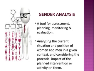 GENDER ANALYSIS
• A tool for assessment,
  planning, monitoring &
  evaluation;

• Analyzing the current
  situation and position of
  women and men in a given
  context, and considering the
  potential impact of the
  planned intervention or
  activity on them.
 