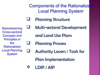 Components of the Rationalized
                    Local Planning System
                    Planning Structure
Mainstreaming       Multi-sectoral Development
Cross-sectoral
Concepts and         and Land Use Plans
 Principles in
      the           Planning Process
 Rationalized
Local Planning   
   System
                     Authority Levers / Tools for
                     Plan Implementation
                    LDIP / AIP
 