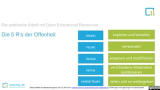 1Die 5 R‘s der Offenheit retain
reuse
revise
remix
redistribute
kopieren und behalten
verwenden
anpassen und modifizieren
verschiedene Materialien
kombinieren
teilen und an weitergeben
Die praktische Arbeit mit Open Educational Resources
Bettina Waffner für MainstreamingOER unter CC-BY-SA 4.0 creativecommons.org/licenses/by-sa/4.0/legalcode.de, Änderungen und Ergänzungen von David Eckhoff
 