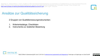 Ansätze zur Qualitätssicherung
2 Gruppen von Qualitätsmessungsinstrumenten:
1. Kriterienkataloge, Checklisten
2. Instrumente zur skalierten Bewertung
Mayrberger, K., Zawacki-Richter, O. (2017): Qualität von OER: Internationale Bestandsaufnahme von Instrumenten zur Qualitätssicherung von Open Educational Resources
(OER) – Schritte zu einem deutschen Modell am Beispiel der Hamburg Open Online University Sonderband zum Fachmagazin Synergie. Online verfügbar unter:
https://www.synergie.uni-hamburg.de/media/sonderbaende/qualitaet-von-oer-2017.pdf Letzter Zugriff: 14.05.2018
Bettina Waffner für MainstreamingOER unter CC-BY-SA 4.0 creativecommons.org/licenses/by-sa/4.0/legalcode.de, Änderungen und Ergänzungen von David Eckhoff
 