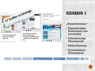 „Freischwimmer“
 Eigenständige
Recherchen von
Lernenden
 Selbstständige
Themenwahl
 Aktive Nutzung
 Gemeinsamer
Wissenspool
 