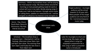 Mainstream radio
show
Target audience – my target
audience will be aimed
towards 15-35 year old's.
Many people of this target
audience are very fond of
the mainstream/popular
music I play.
I plan for my jingles to short and
not too long. My jingles will be
played when a song has
stopped/in preparation for a
new song or when a presenter
name is introduced.
Genre - Pop, Classic
Pop & Rock, Dance &
Electronica, Hip Hop,
RnB & Dancehall.
Schedule – The breakfast show is
between 6am – 10am(which I will be
hosting). Afternoon show 10am-1pm
and 4pm-7pm show. The evening show
7pm-10pm and Finally the late show is
from 10pm-1am
Summary – Within my breakfast show I will be playing
the most popular songs. My show will be around the
morning so many people getting ready for work or
school will tune in my radio. Beside playing songs ill
make sure I talk to my listeners through social media
or calling them, updates on news/stories etc. I will be
energetic to influence my listeners to be energetic to.
 