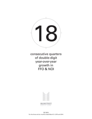 consecutive quarters
of double-digit
year-over-year
growth in
FFO & NOI
Q2 2015
For the three and six months ended March 31, 2015 and 2014
18
 