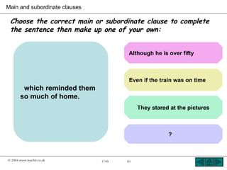 Main and subordinate clauses

 Choose the correct main or subordinate clause to complete
 the sentence then make up one of your own:


                                       Although he is over fifty



                                       Even if the train was on time
        which reminded them
       so much of home.
                                           They stared at the pictures



                                                      ?



© 2004 www.teachit.co.uk       1749   10
 