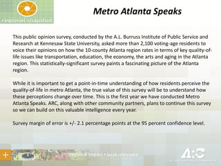 Metro Atlanta Speaks
This public opinion survey, conducted by the A.L. Burruss Institute of Public Service and
Research at Kennesaw State University, asked more than 2,100 voting-age residents to
voice their opinions on how the 10-county Atlanta region rates in terms of key quality-oflife issues like transportation, education, the economy, the arts and aging in the Atlanta
region. This statistically-significant survey paints a fascinating picture of the Atlanta
region.
While it is important to get a point-in-time understanding of how residents perceive the
quality-of-life in metro Atlanta, the true value of this survey will be to understand how
these perceptions change over time. This is the first year we have conducted Metro
Atlanta Speaks. ARC, along with other community partners, plans to continue this survey
so we can build on this valuable intelligence every year.
Survey margin of error is +/- 2.1 percentage points at the 95 percent confidence level.

 