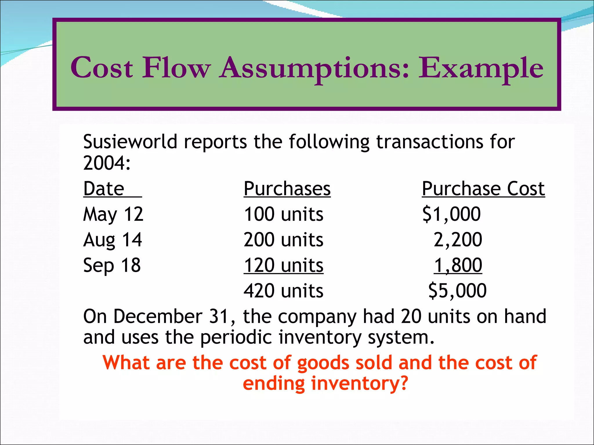 Susieworld reports the following transactions for 2004: Date  Purchases Purchase Cost May 12 100 units $1,000 Aug 14 200 units   2,200 Sep 18 120 units   1,800 420 units  $5,000 On December 31, the company had 20 units on hand and uses the periodic inventory system.  What are the cost of goods sold and the cost of ending inventory? Cost Flow Assumptions: Example 