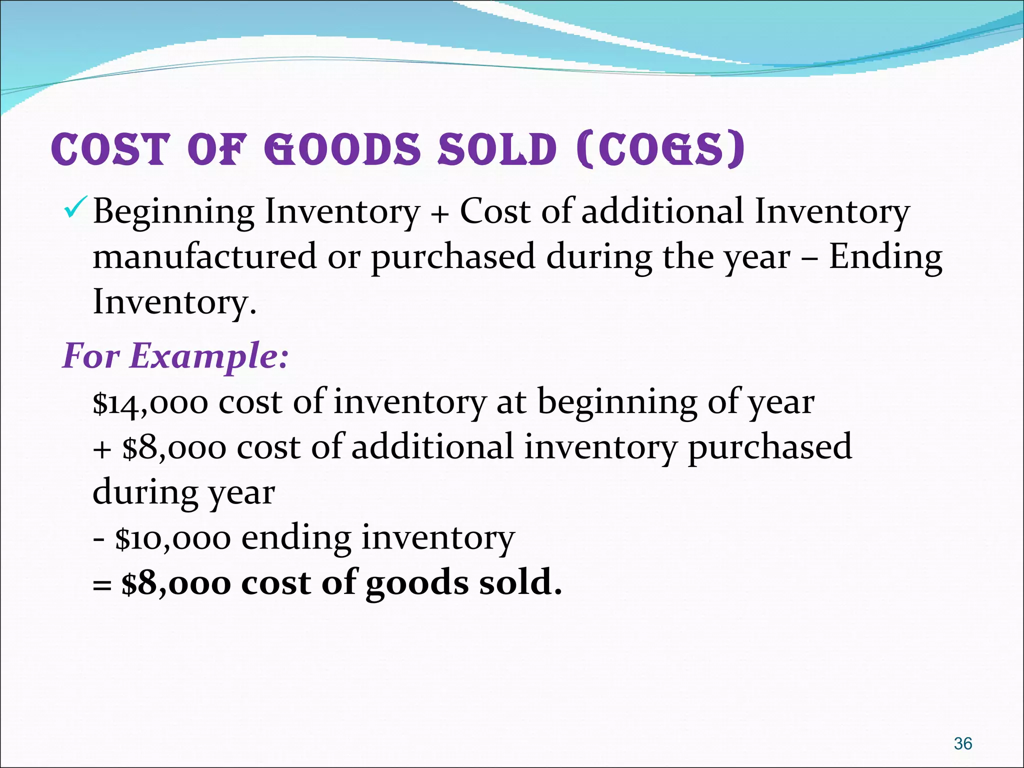 Cost of Goods Sold (COGS) Beginning Inventory + Cost of additional Inventory manufactured or purchased during the year – Ending Inventory.  For Example:  $14,000 cost of inventory at beginning of year + $8,000 cost of additional inventory purchased during year - $10,000 ending inventory = $8,000 cost of goods sold.  
